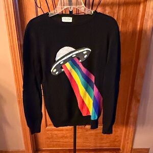 Black Sweater with UFO and Rainbow Design